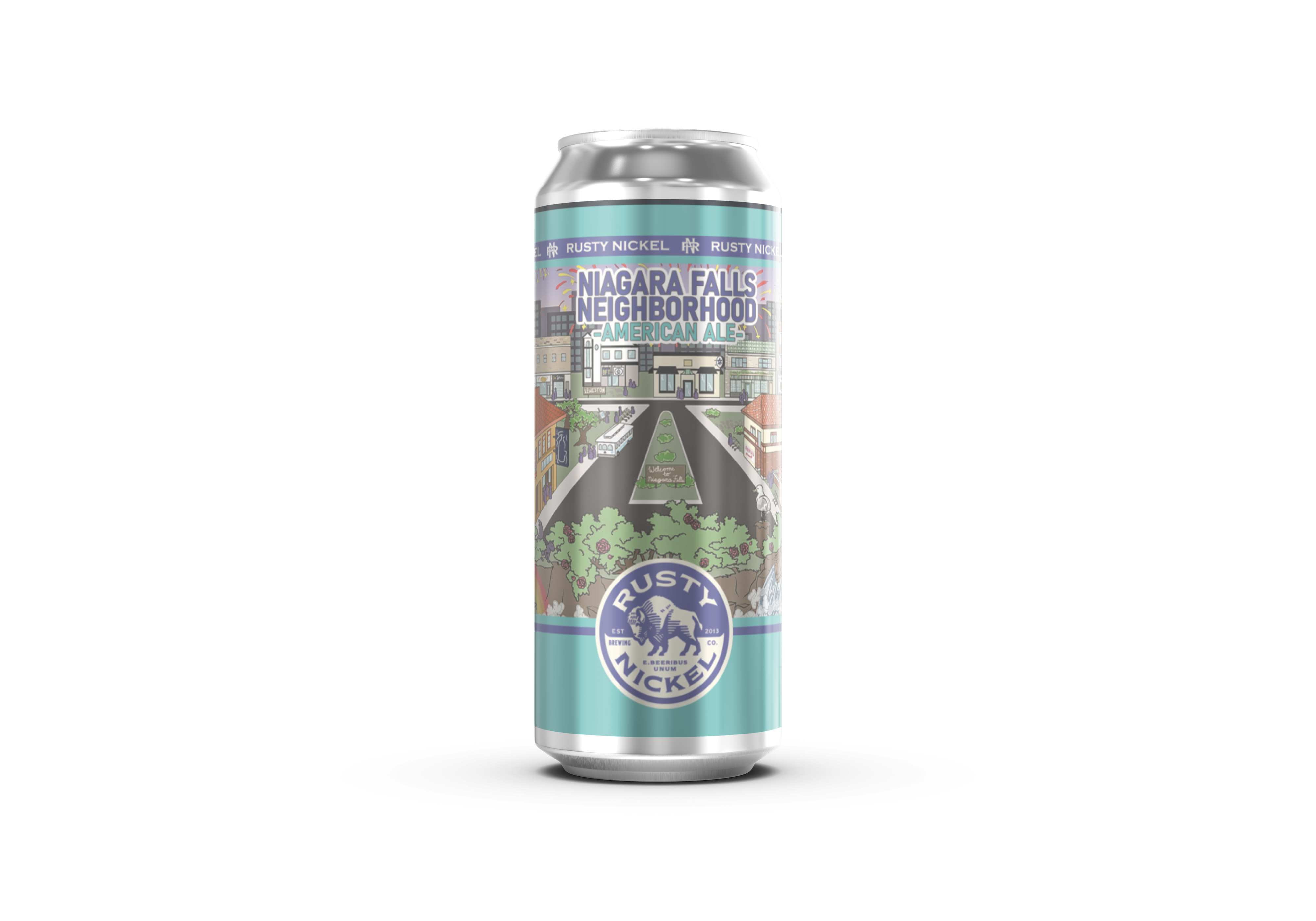 Mock up of beer can with Niagara Falls Neighborhood Ale label featuring a graphic of Old Falls Street. Image includes a road, businesses, people walking, and shrubs.