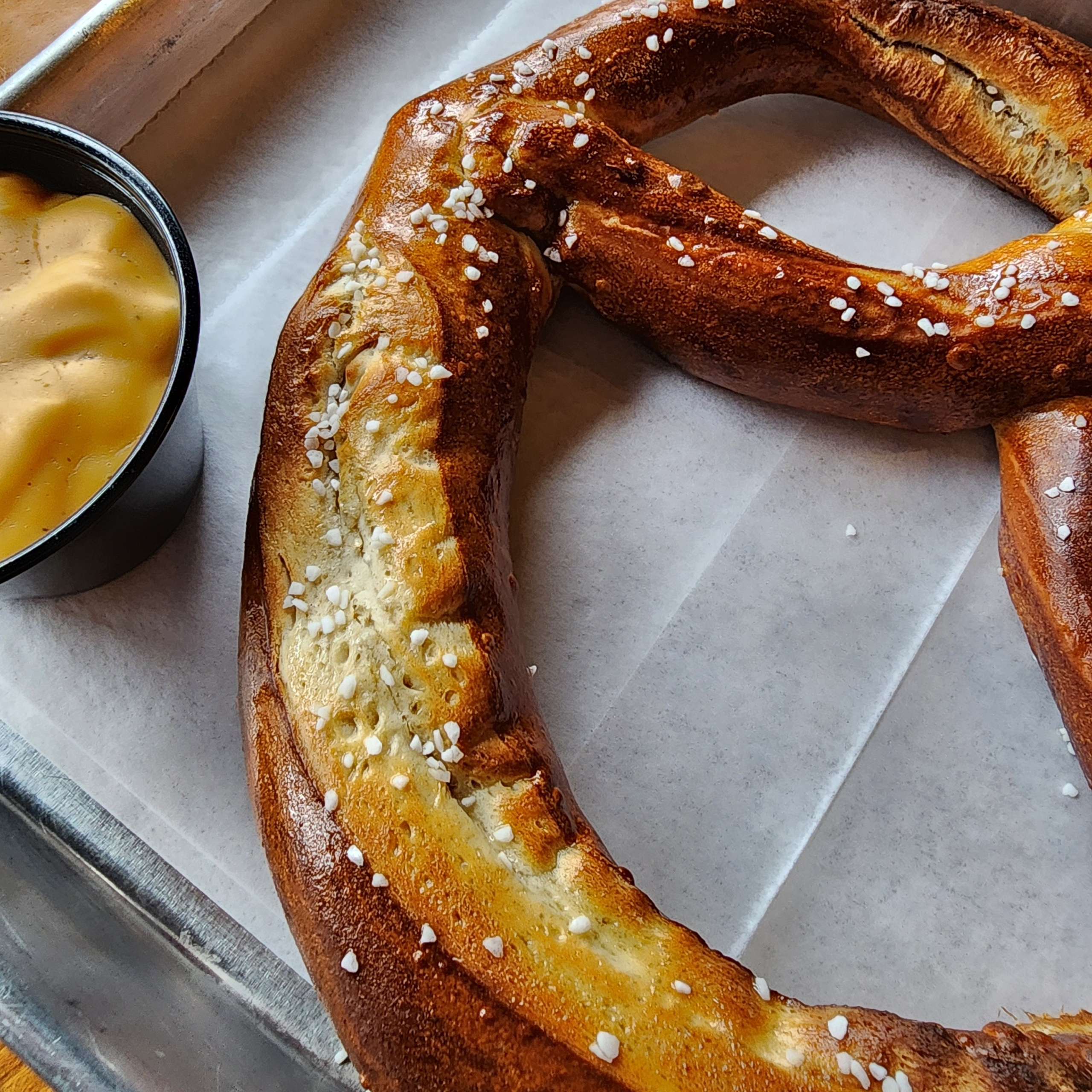 Bavarian soft pretzel, lightly salted with a side of beer cheese dip