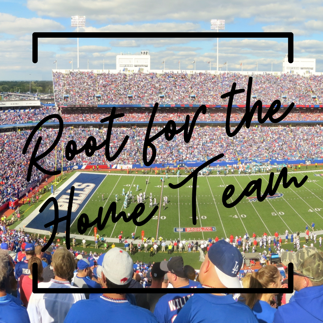A view of Highmark Stadium, home of the Buffalo Bills NFL team, from the upper seats. The end zone can be seen. Text reads "Root for the Home Team"