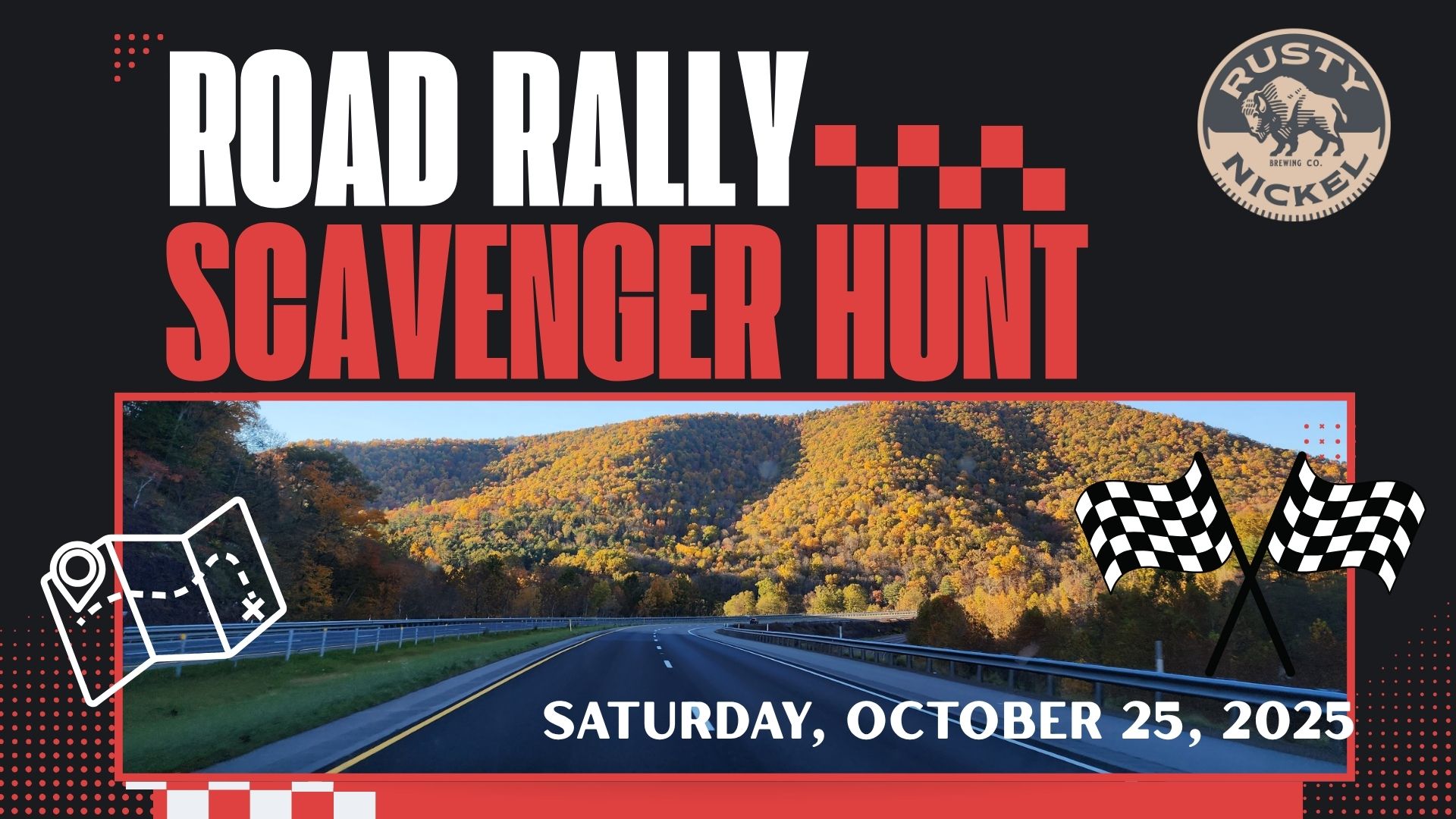 Road rally scavenger hunt event announcement